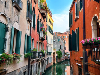 Venice View: Colorful houses, canals and waterways in Italy's timeless city where gondolas glide beneath arched bridges in a historic city that floats on romance