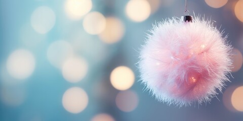 A pink fluffy ball hanging from a string. Digital image.