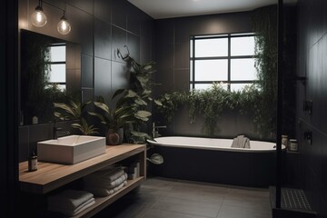 Contemporary bathroom w/shower, bathtub, mirror, plant, sink, tap, wooden counter, & dark cupboard. Generative AI