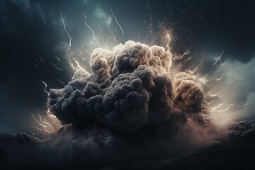 Illustration of a violent storm cloud with lightning strikes and strong winds. Generative AI