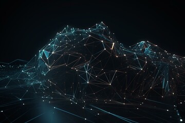 Abstract polygonal graph with lines on dark background. 3D wireframe concept in virtual space. Ideal for business, science, and technology analytics. Generative AI