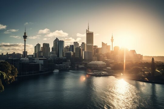 Morning skyline of Sydney Harbour with architectural monuments in warm sunlight. Generative AI