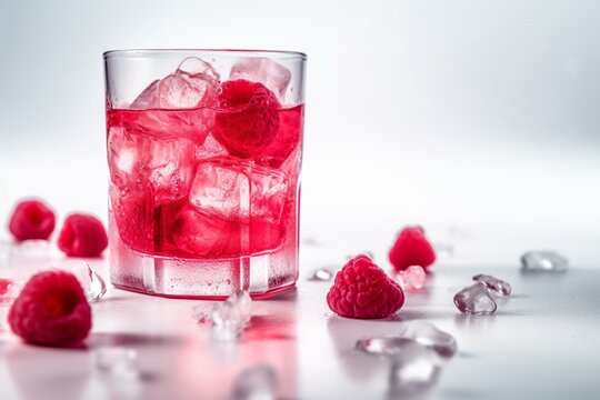 Refreshing raspberry pink drink with ice cubes on a pristine white backdrop. Generative AI