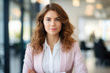 Obraz premium A Confident and Stylish Young Woman in a Pink Suit, Embracing Modern Workspace Culture with a Trendy and Fashionable Office Wear, Standing with Arms Crossed and Flashing a Realistic Smile