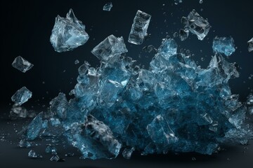 Crushed blue ice bursts, creating an eruption of suspended crystal cubes. Generative AI