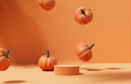3D pedestal podium, orange background. Pumpkin falling with glass frame . Halloween Jack o lantern display showcase. Autumn product promotion. Abstract spooky fall. 3D render illustration