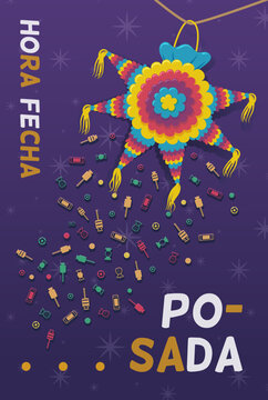 cartel invitaci&oacute;n de posada de navidad en M&eacute;xico. Pi&ntilde;ata soltando muchos dulces de colores
