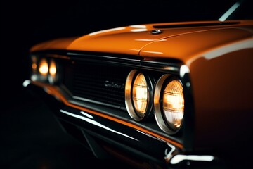 Front lights of a customized orange car on a black background, with room for text. Generative AI