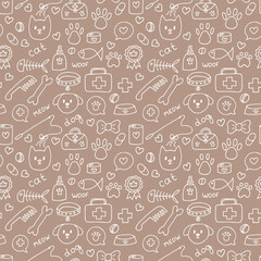 Cute pet seamless pattern. Hand drawn animal background for pet shop, store or vet. Veterinary medicine