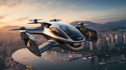 Vertical take-off electric flying cars in airspace on airways in sky over cities and metropolis.