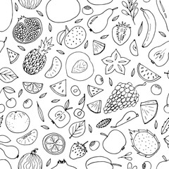 Cute hand drawn seamless pattern with summer fruits and berries. Healthy food background. Trendy textile print