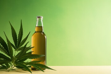A bottle of cannabis oil next to a plant. Digital image.
