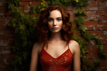Fototapeta na wymiar Enchanting Allure: A Majestic Woman in a Radiant Red Dress, Adorned with Green Leaves, Against a Lush Brick Wall Backdrop