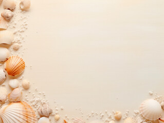 top view Summer time Composition of sea shells on white background