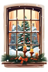 A window with a candle and a christmas tree outside. Digital image.