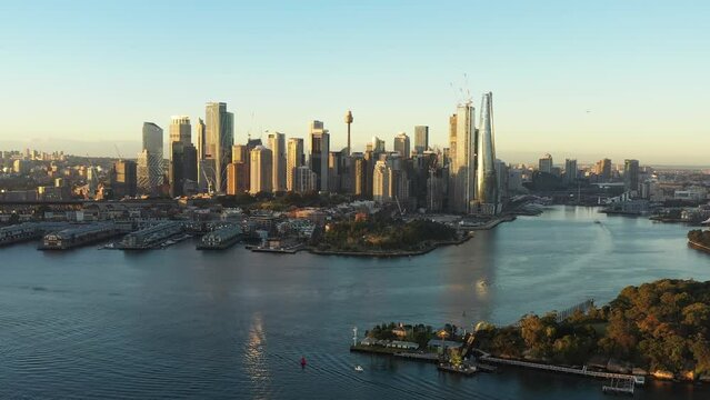 Balmain island goat to Sydney city CBD waterfront on Harbour aerial 4k.
