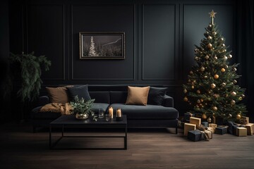 Christmas-themed living room with black sofa against a dark wall, adorned with gifts and a Scandinavian-style Christmas tree. Generative AI