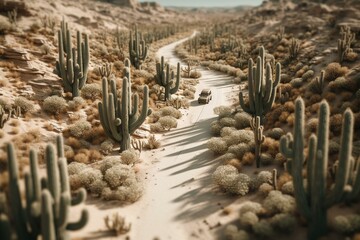 An illustrative depiction of a desert highway framed by numerous cacti. Generative AI
