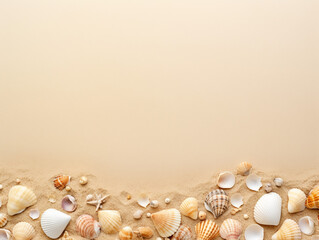 top view Summer time Composition of sea shells on white background