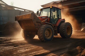 A compact loader prepares construction site. Efficiently maneuverable. Tractor with bucket moves soil and bulk materials. Generative AI