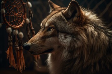 Fierce wolf surrounded by dreamcatcher. Generative AI