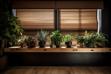 Fototapeta na wymiar Roller shades, wooden wall panel, high-tech pots with plants, motorized curtains. Generative AI