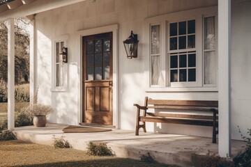 Traditional farmhouse with a white front door, adjacent wooden bench, and an interior mockup. Generative AI