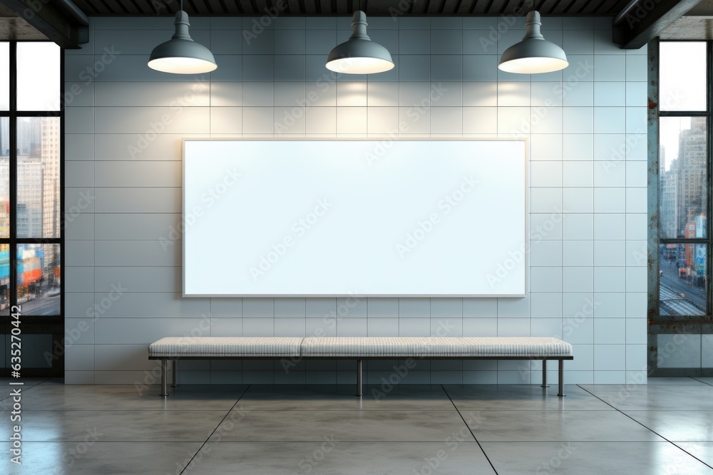 Poster a blank picture frame in a room with a bench. digital image. billboard mockup.