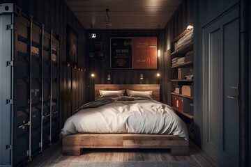 3D rendering of repurposed container as a bedroom. Generative AI