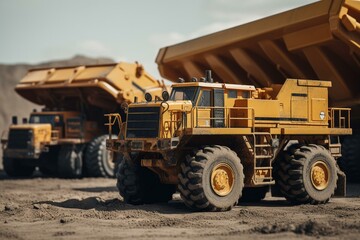 Close-up of mining dump truck and bulldozer loader for earthworks. Construction equipment on white background. Design element. Generative AI