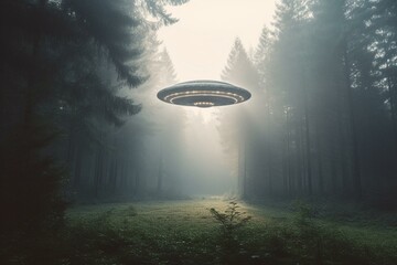 Mysterious UFO seen hovering over misty woodland. Generative AI