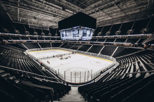 Spectacular ice hockey arena featuring VIP boxes, black seats, floodlights, and capacity for 50,000 fans. Generative AI