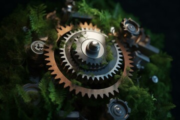 Illustration depicting eco-background, sustainability process improvement, and green business with a gear mechanism for ecological enterprise process. Generative AI