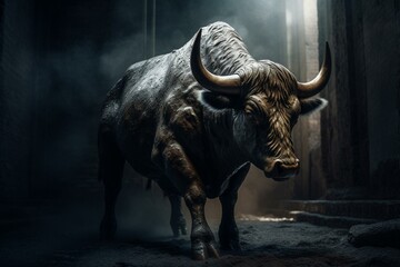 Secluded charging bull denotes strong financial prospects and triumph. Generative AI - obrazy, fototapety, plakaty