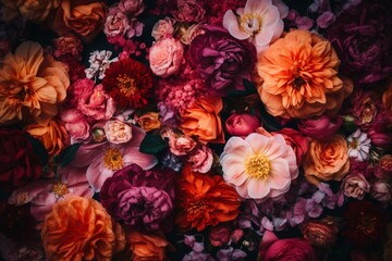 Backdrop with vibrant pink and orange floral blooms. Generative AI