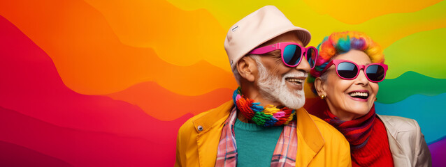 Happy elderly couple in love, hugging and smiling together on a colorful background. Active senior lifestyle concept : Sunset of life in colors.