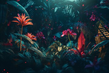 Wallpaper with tropical plants, jewel-toned jungle motifs, neon abstraction, and illustration background. Generative AI