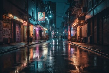 Wet city alley at night with neon reflections, smoky atmosphere, and searchlight. Generative AI - obrazy, fototapety, plakaty
