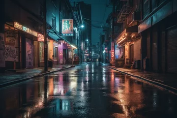Foto op Canvas Wet city alley at night with neon reflections, smoky atmosphere, and searchlight. Generative AI © Isannah
