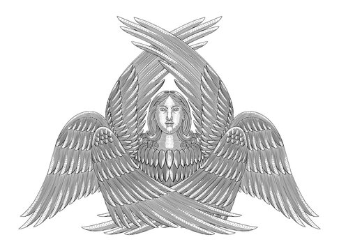 Seraphim angel, six winged Ange. vintage engraving drawing style vector illustration
