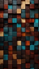 A close up of a wall made of wooden blocks. Digital image. Dark wooden background.