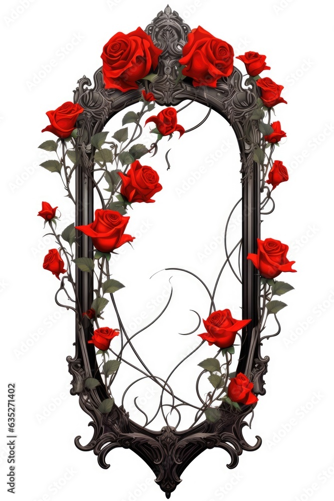 Poster a picture of a mirror with roses on it. digital image. frame with copy space.