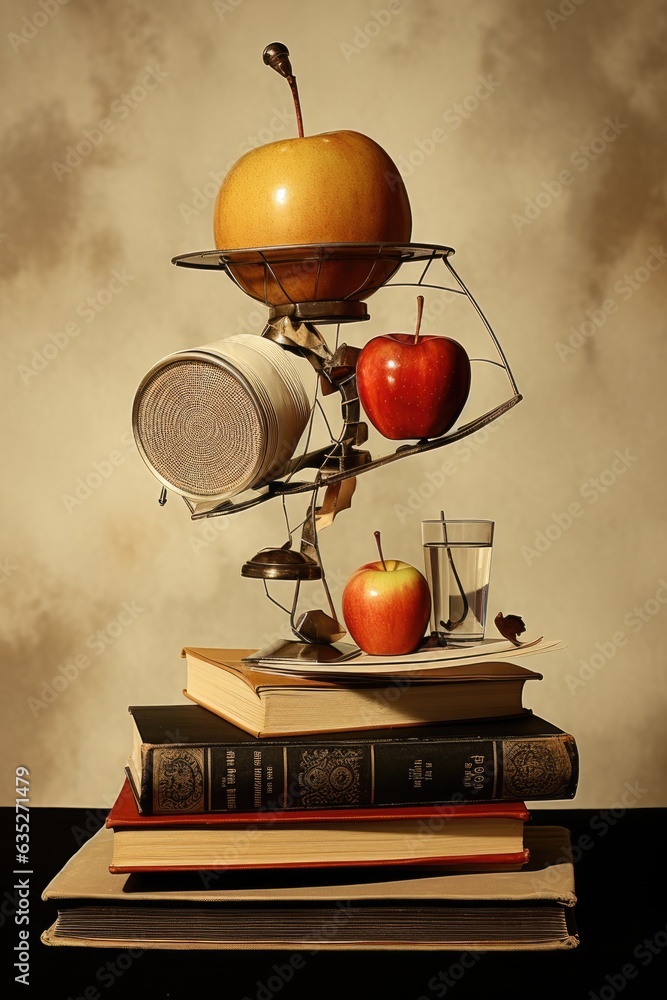 Aufkleber a stack of books with an apple on top of it. digital image. surreal still life.