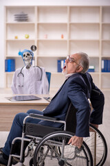 Fototapeta na wymiar Old patient in wheel-chair visiting devil doctor