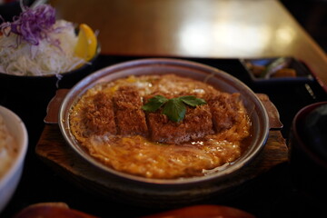pork loin katsudon, deep fried pork with eggs, japanese cuisine
