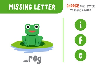 Missing letter (frog), the alphabet letter vocabulary game for kid. choose a letter to make the word. illustration cartoon vector design on white background. kid and study game concept.