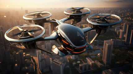 Vertical take-off electric flying cars in airspace on airways in sky over cities and metropolis.