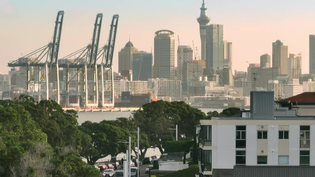 Aerial: Downtown Auckland and port from Devonport, New Zealand