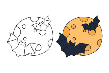 Cute cartoon yellow moon with bats coloring book for children.