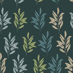 Naklejka na ściany i meble PrintDecorative floral Seamless pattern. Tropical plants repeat background. Vintage hand drawing botanical foliage isolated. Trendy Vector print. Retro jungle leaves illustration. Template design